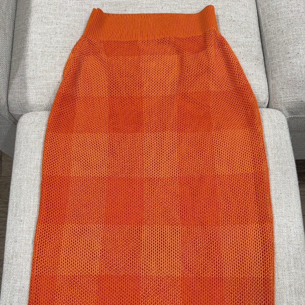 Burberry Deep Orange Mesh Knit Midi Skirt – Size M